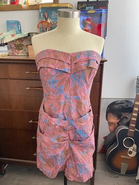 RACHEL Rachel Roy Strapless Pink and Blue Leaf-Print Dress 8